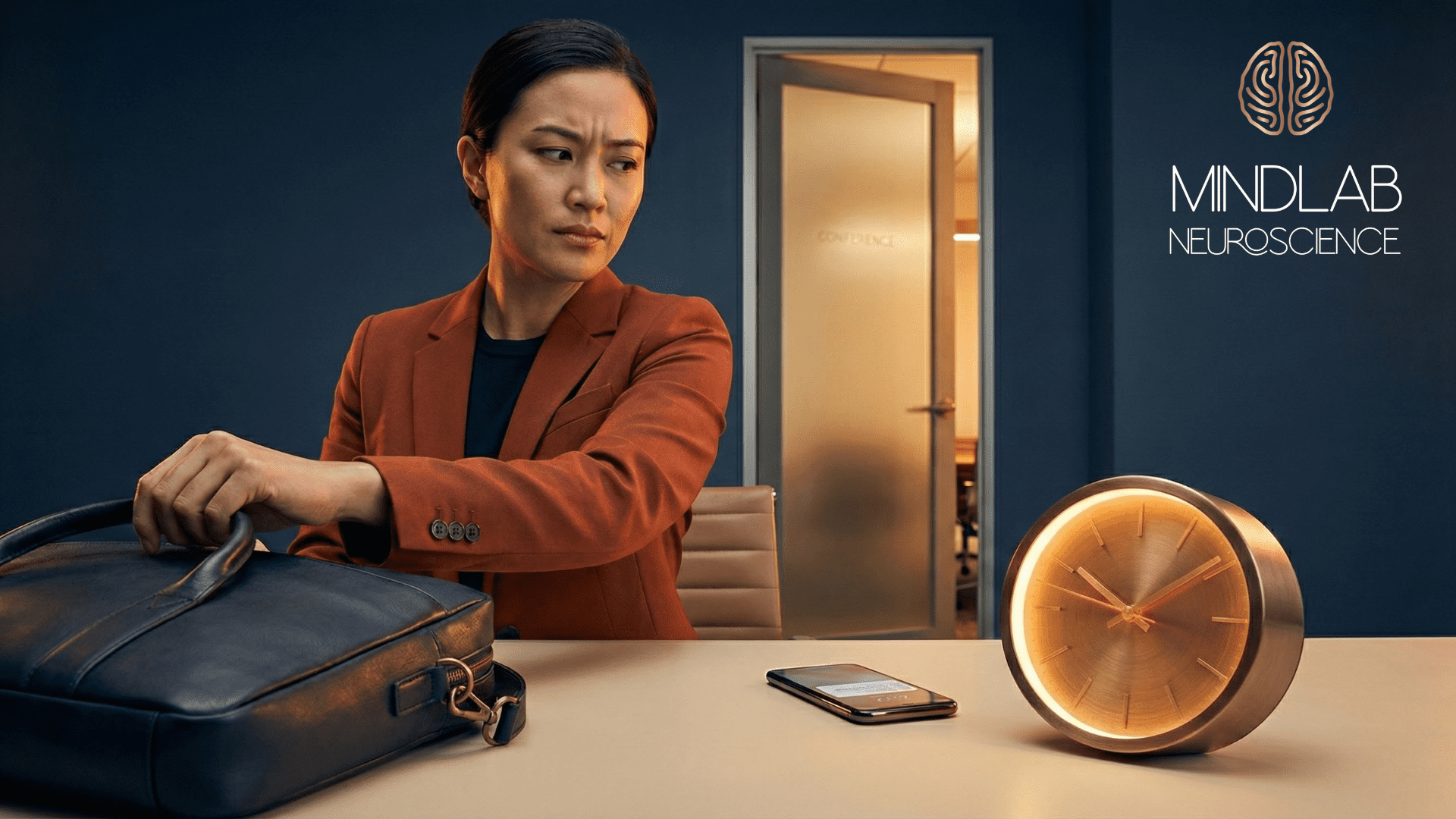 Professional woman in rust blazer with time optimism symbolized by glowing clock, representing executive confidence and productivity.