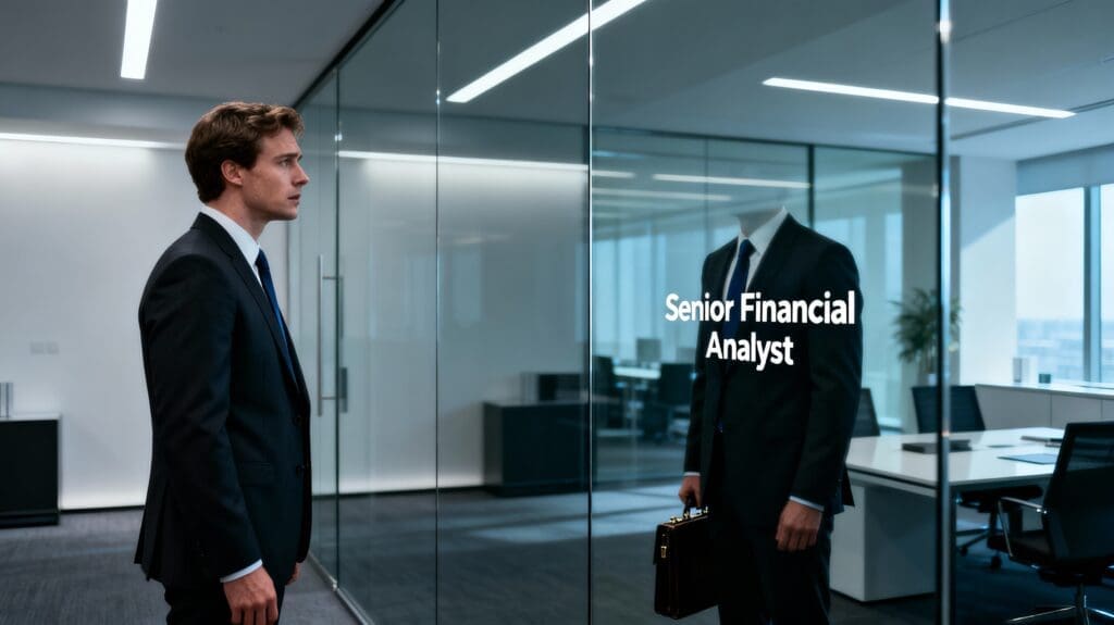White male professional looking at mirror reflection showing only job title instead of face, identity fusion with work