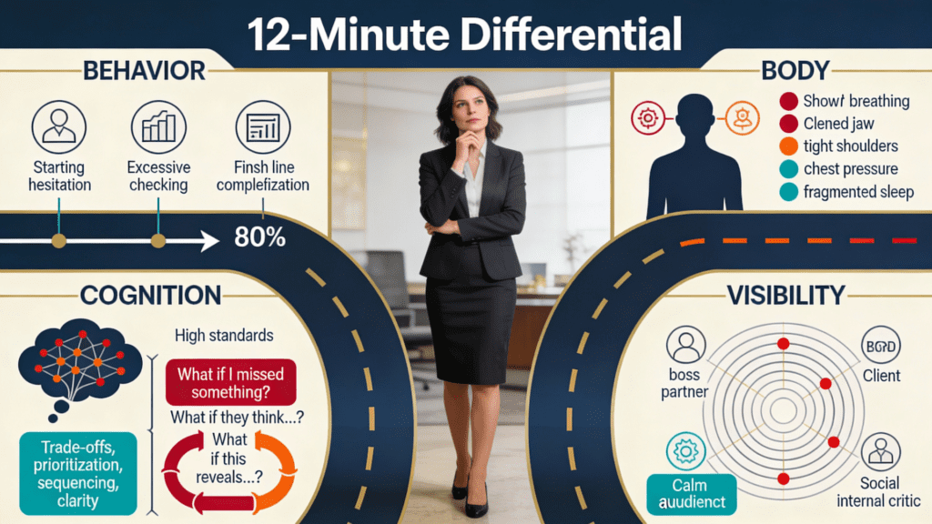 Practice assessment on perfectionism vs High Standards infographic showing woman centered among four evaluative lanes: behavior (starting hesitation, excessive checking, 80% paralysis), body (shallow breathing, clenched jaw, tight shoulders), cognition (certainty-seeking loops versus trade-off thinking), and visibility (internal audience activation).