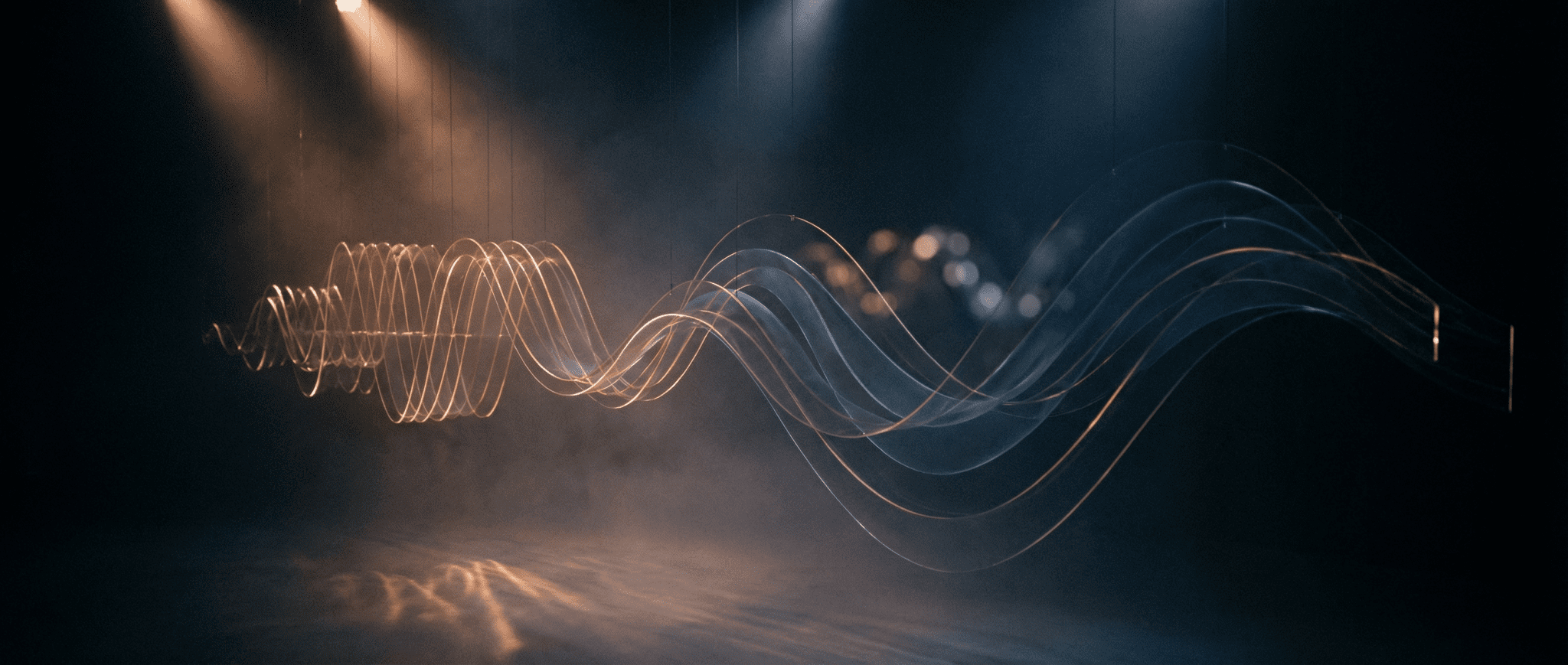 Translucent copper and blue wave forms visualizing sleep cycle phases against deep navy background