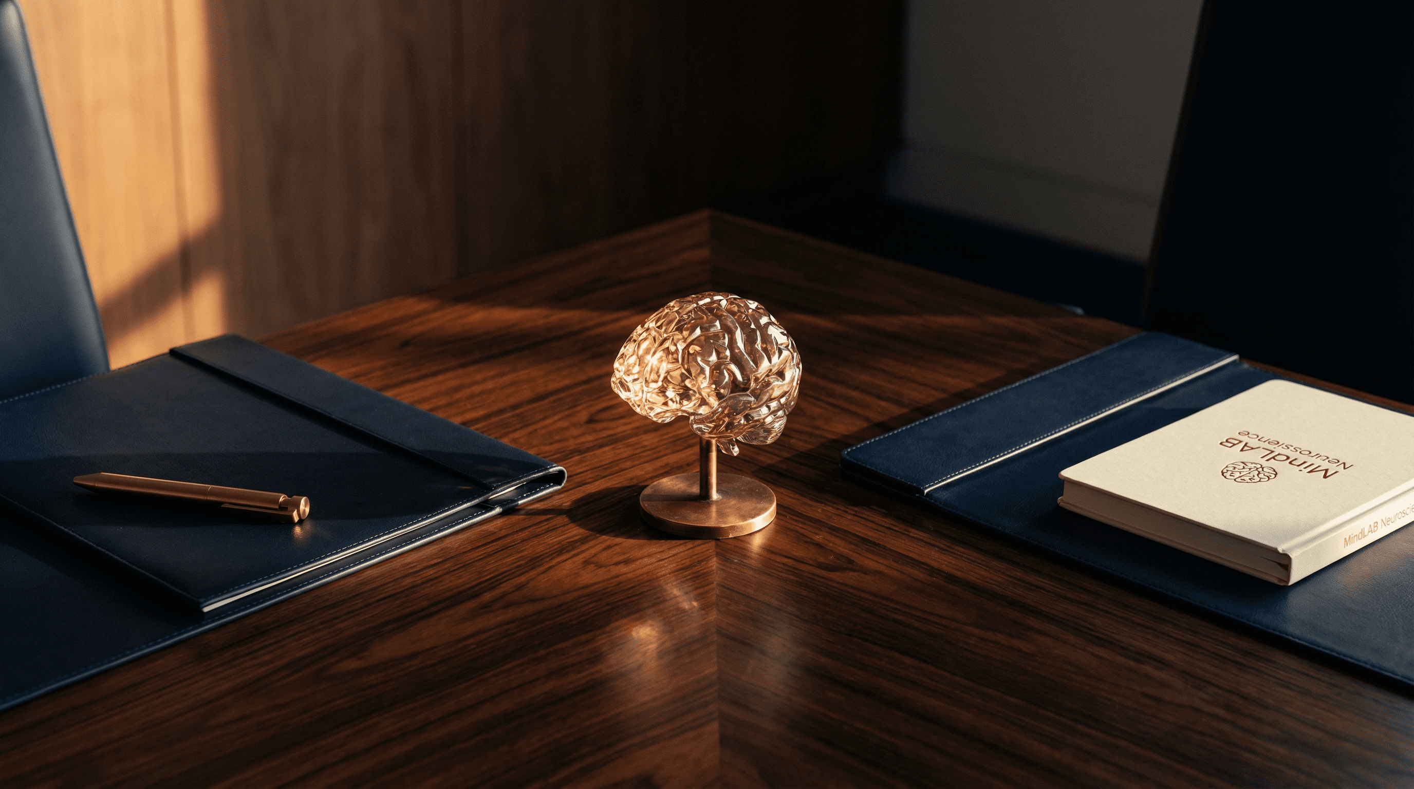 Neuroscience consultation — rosewood table with crystal brain sculpture and branded journal for strategy call preparation