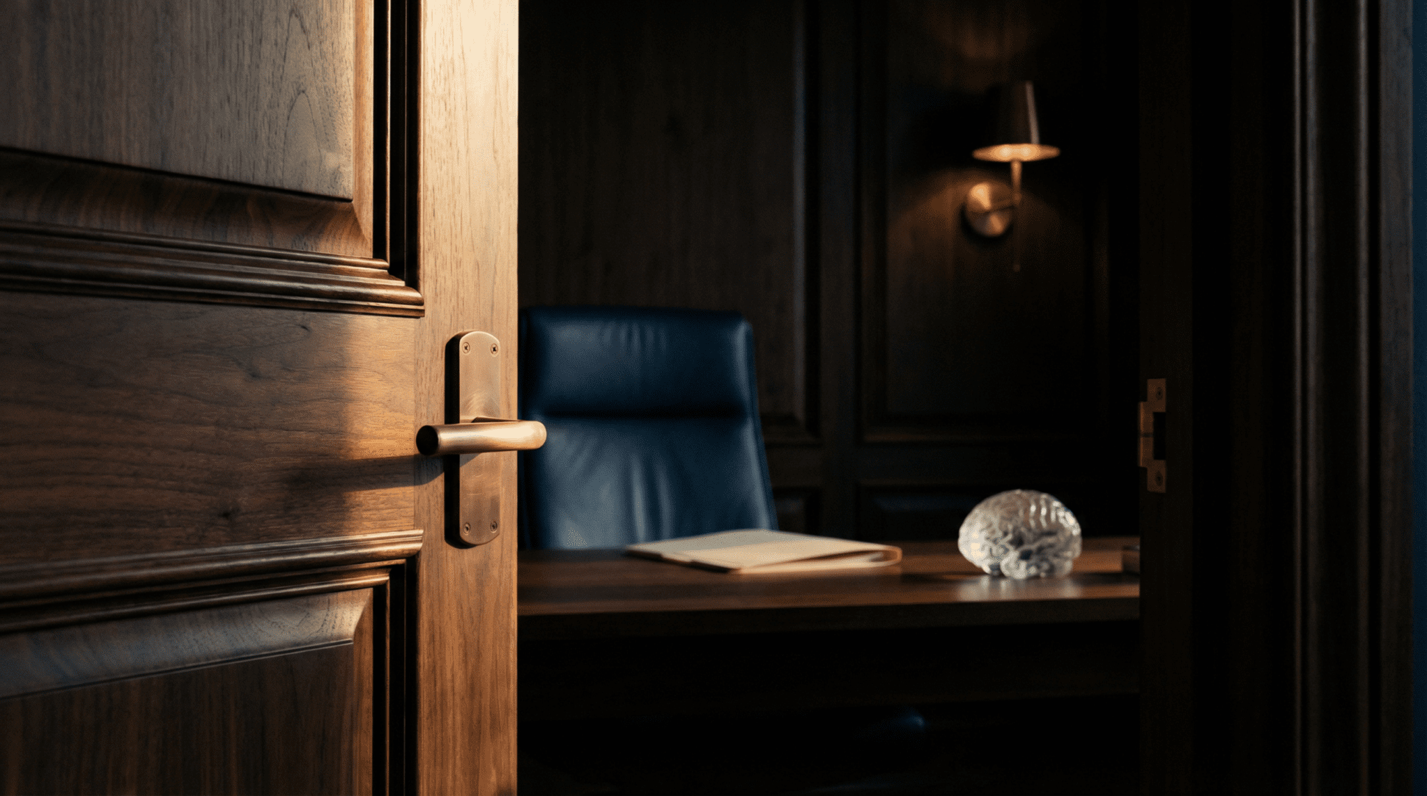 Private executive office doorway revealing navy leather chair crystal brain sculpture and walnut desk at MindLAB Neuroscience