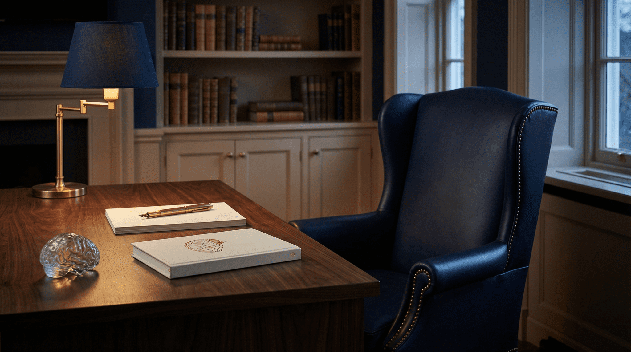 Private consultation study with navy wingback chair walnut desk crystal brain sculpture and branded journal warm directional lighting