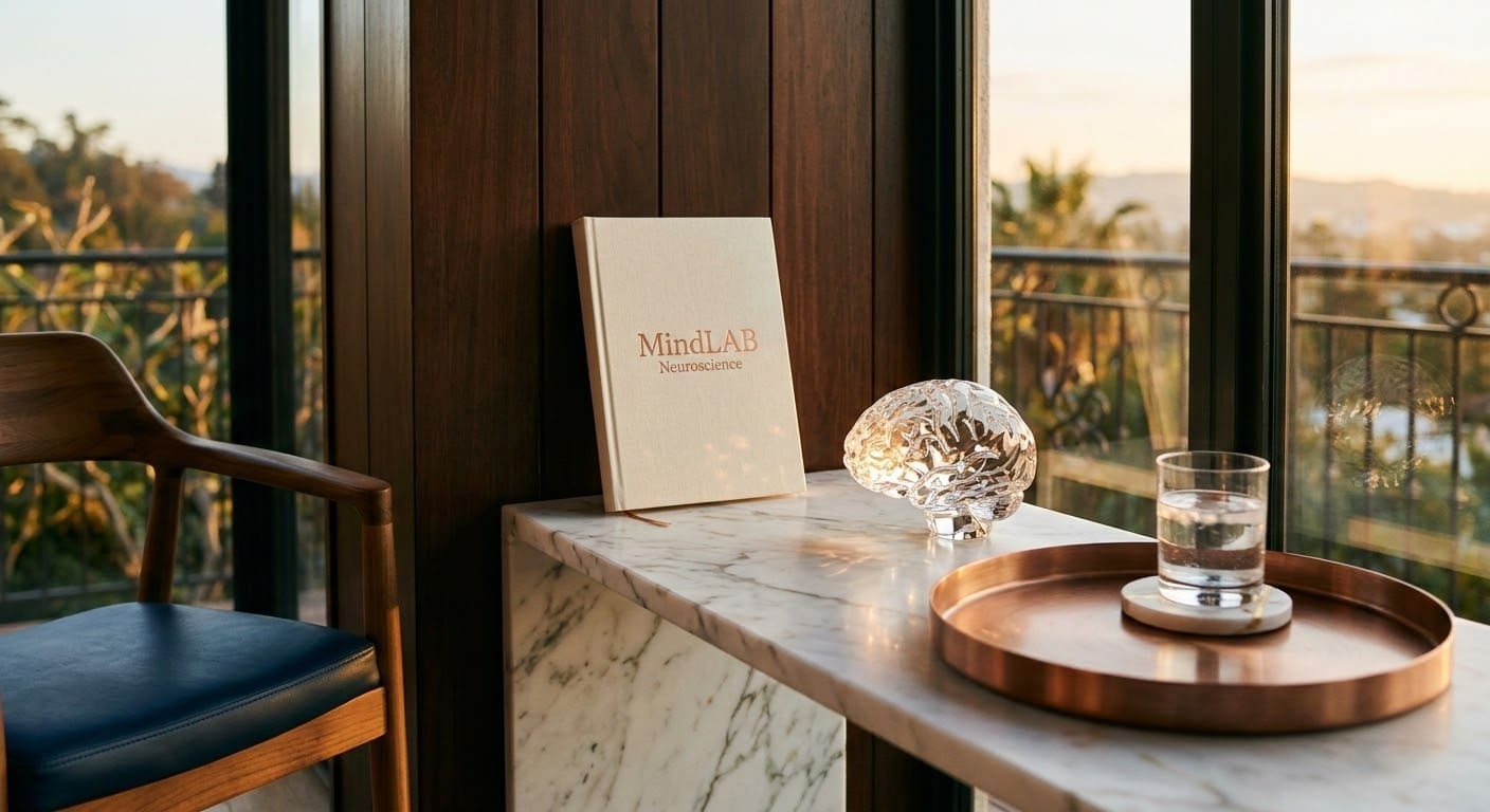 Marble console with crystal brain sculpture and MindLAB journal in warm Miami evening light with tropical hardwood and copper accents