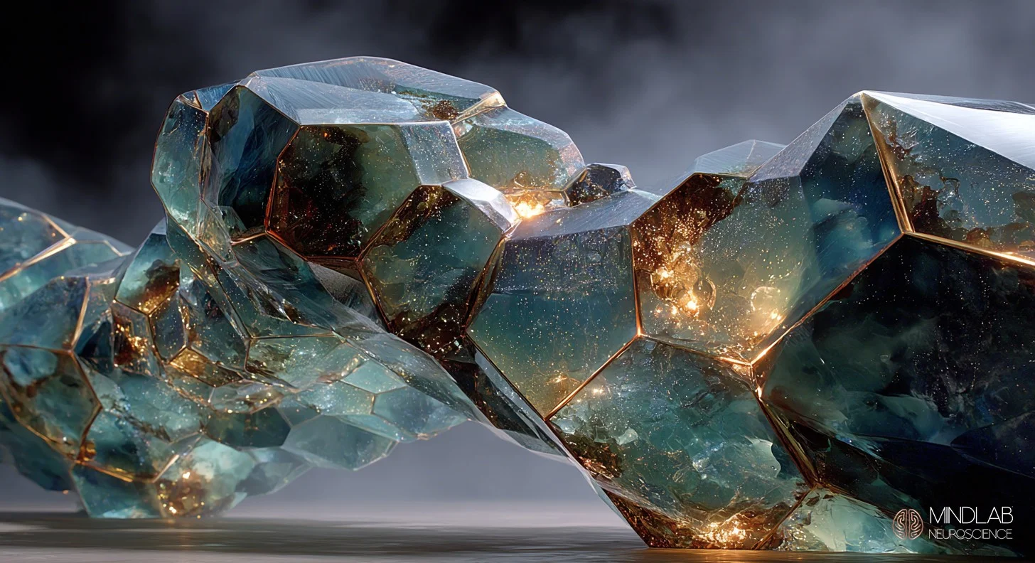 Crystalline glass brain structure maintaining coherent signal flow under pressure with sage and copper reinforcement