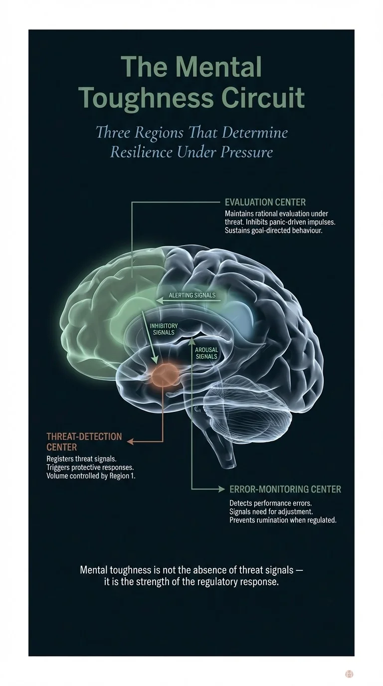 Infographic showing three brain regions forming the mental toughness circuit with regulatory relationships between them
