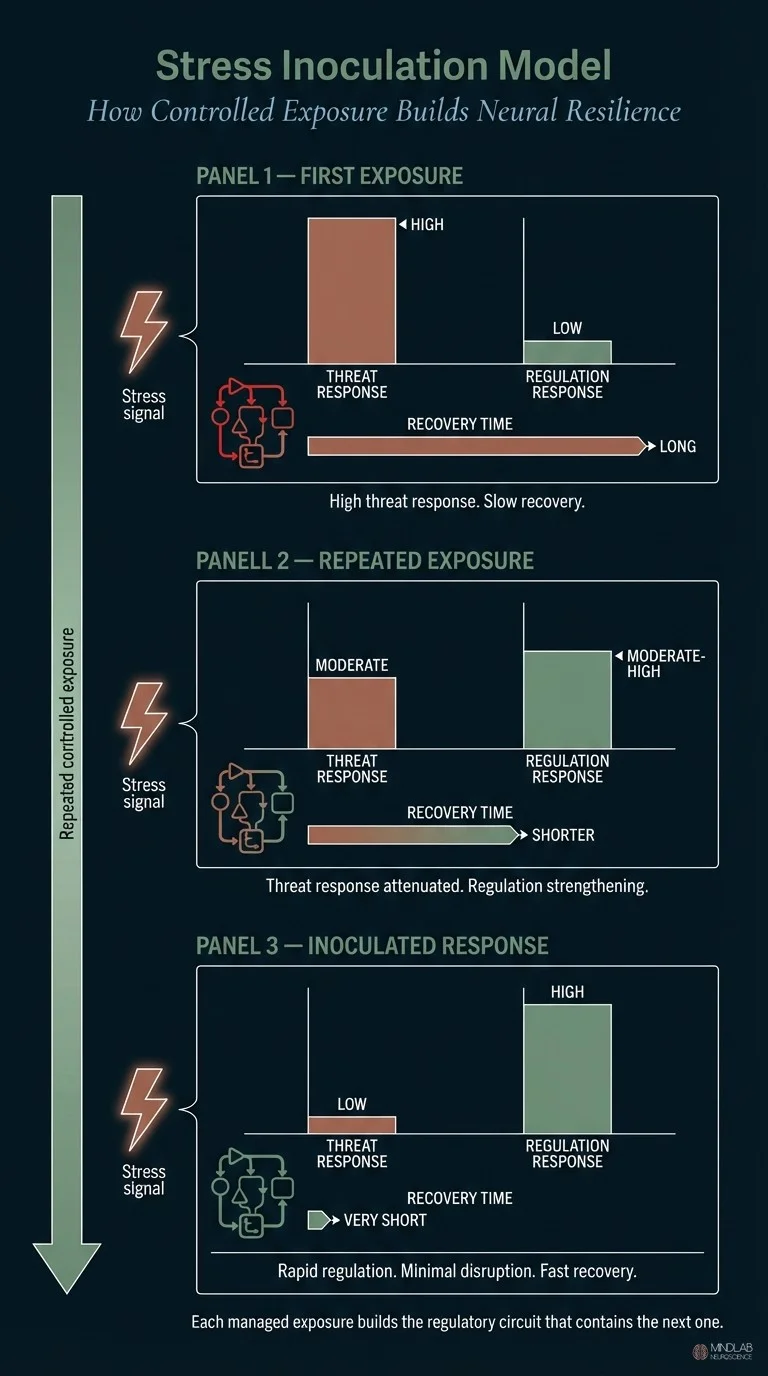 Infographic showing stress inoculation model with progressive reduction in threat response across three exposure cycles