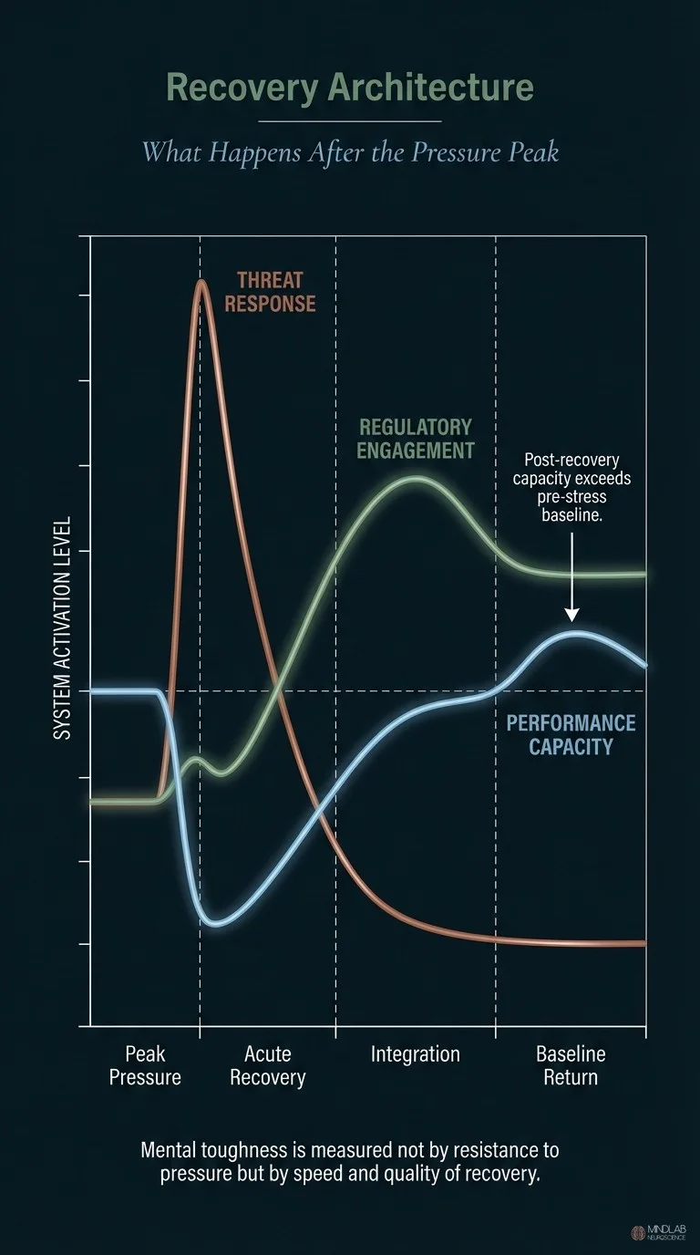 Infographic showing post-pressure recovery architecture with threat response decline and performance supercompensation