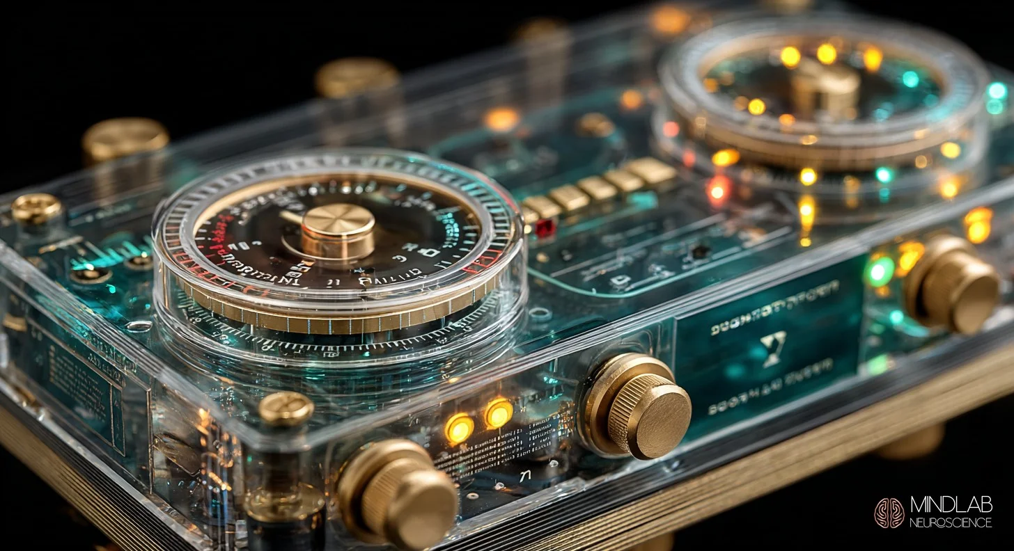 Precision glass neural calibration instrument with sage gauges showing optimal self-regulation signal levels