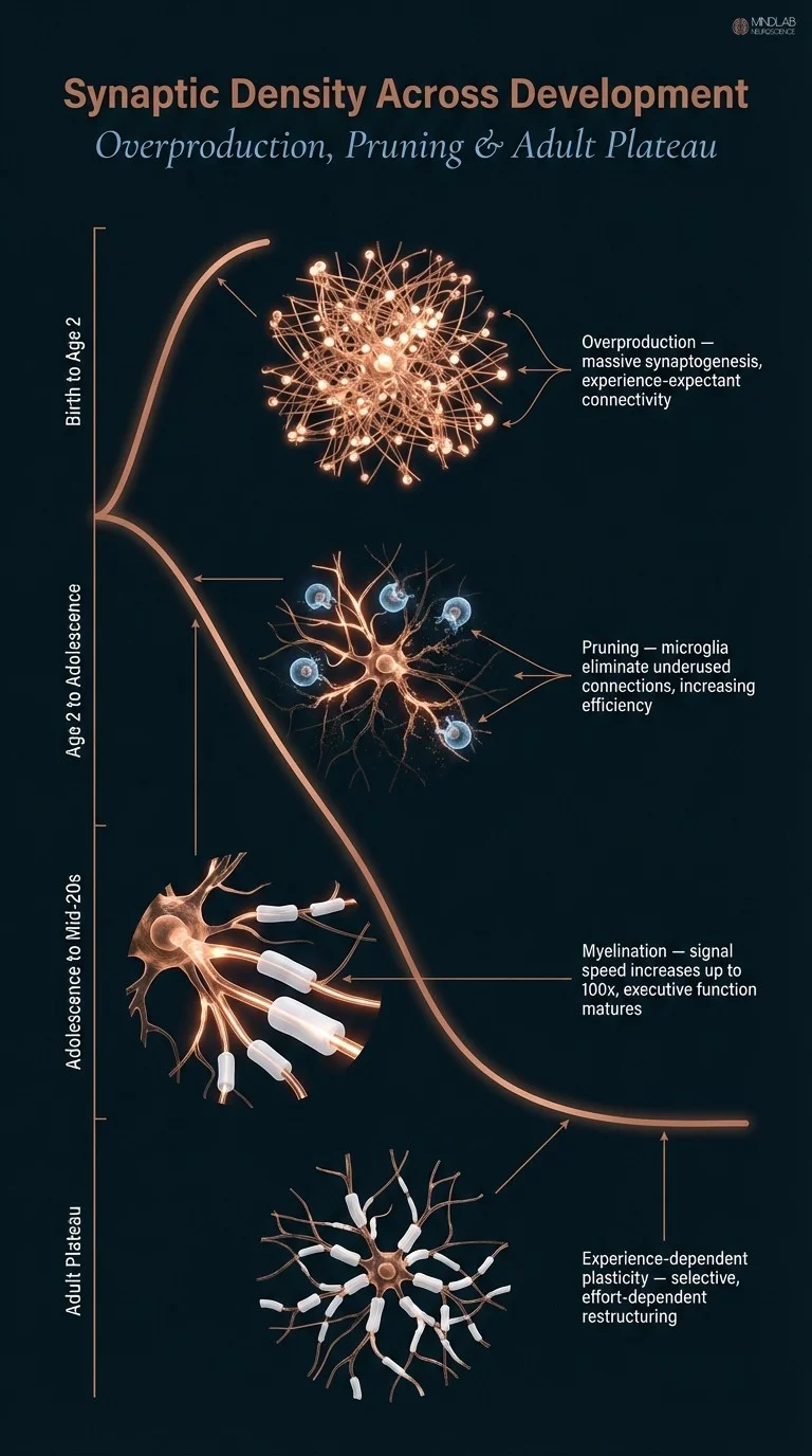 Infographic of synaptic density timeline across development showing overproduction, pruning, and adult plateau