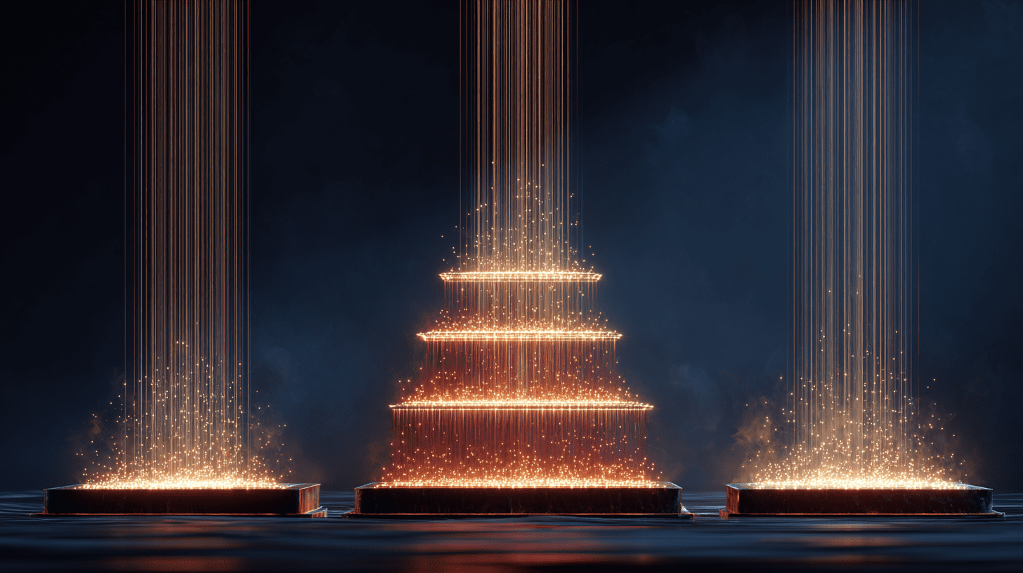 Three-layer dopamine reward architecture visualization showing neural pathways converging in copper and blue tones