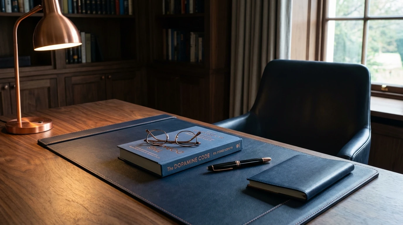 Walnut desk with copper lamp and journal representing a deliberate neural reset moment in the Dopamine Menu