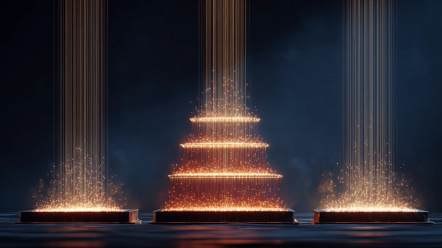 Three-layer dopamine reward architecture visualization showing neural pathways converging in copper and blue tones