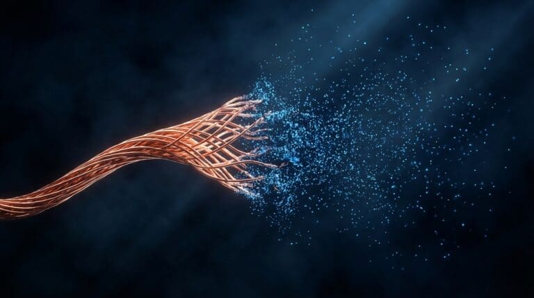 Copper neural pathway fragmenting into scattered blue particles