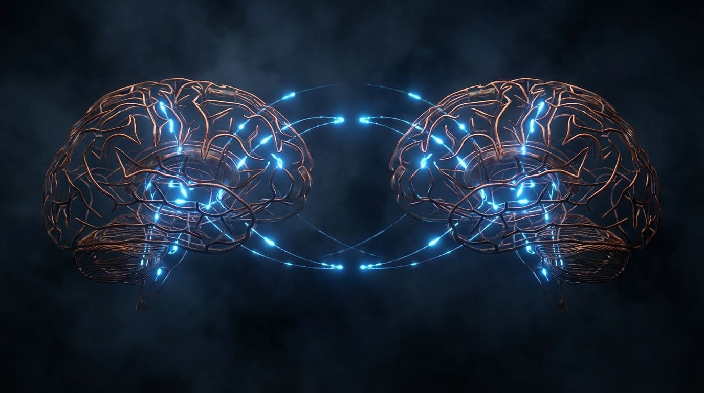 Two parallel copper neural architectures with synchronized blue firing patterns