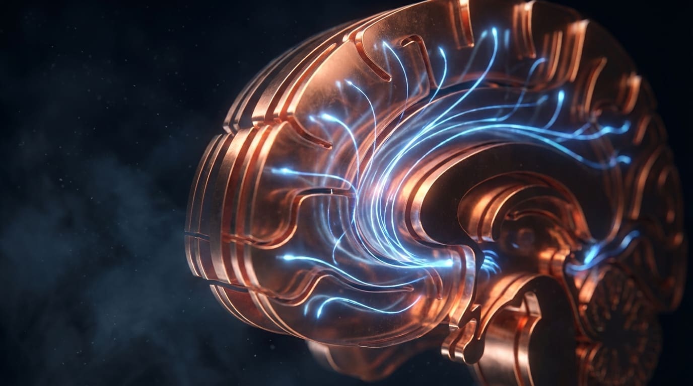 Translucent copper prefrontal cortex with blue neural evaluation pathways