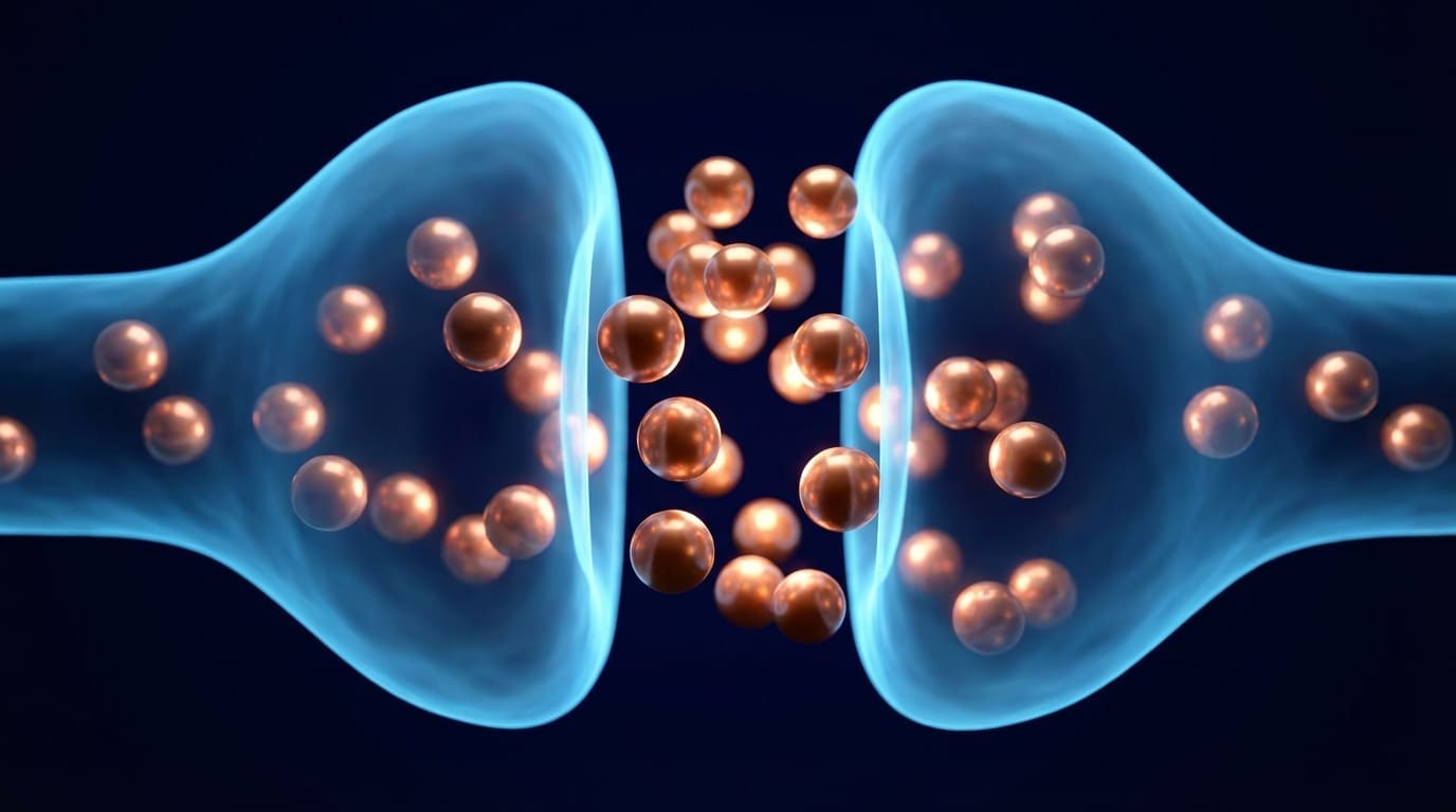 Copper dopamine molecules cascading through blue synaptic channel