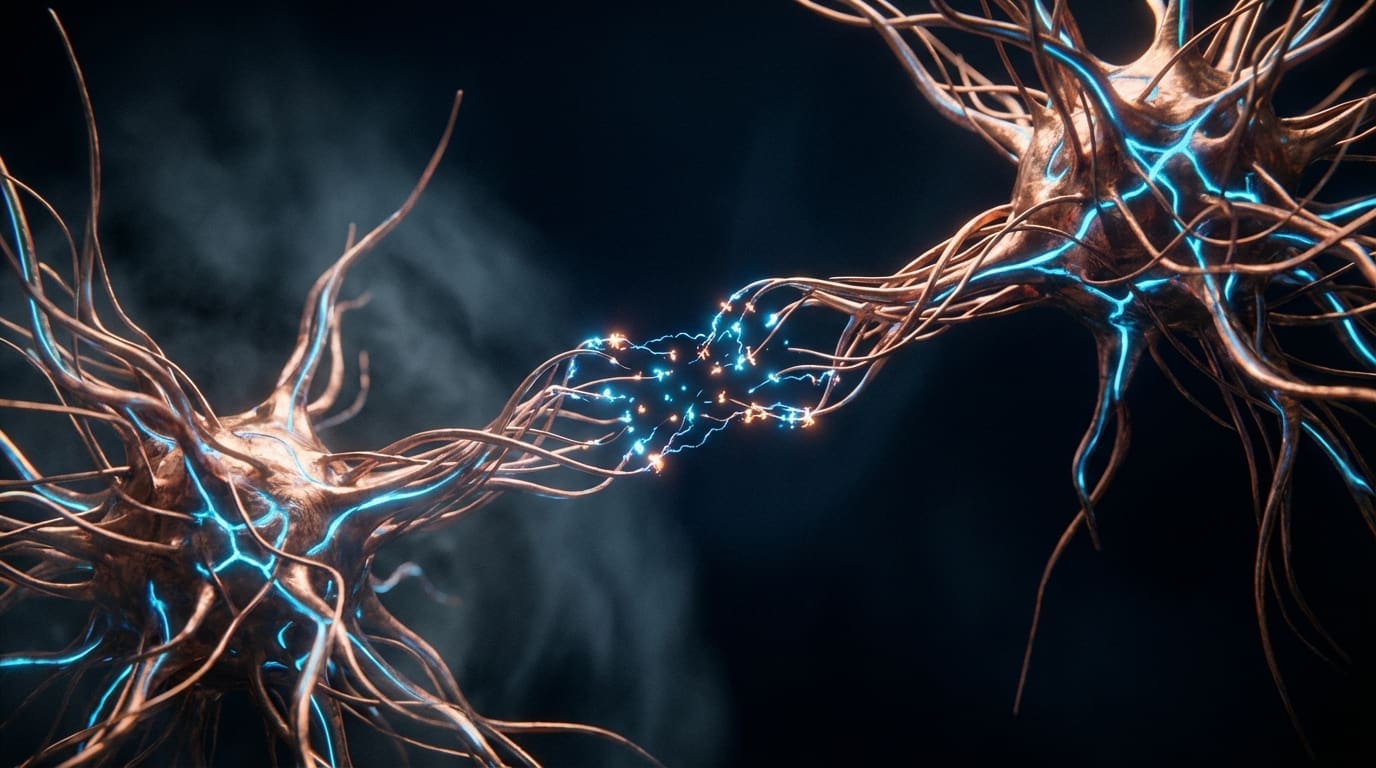 Copper neural pathways reaching toward each other with blue synaptic sparks