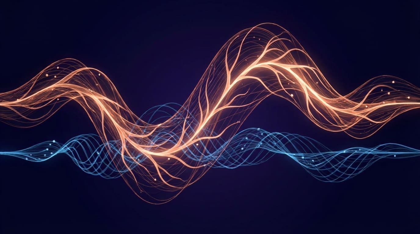 Interlocking copper and blue wave patterns showing neurotransmitter disruption